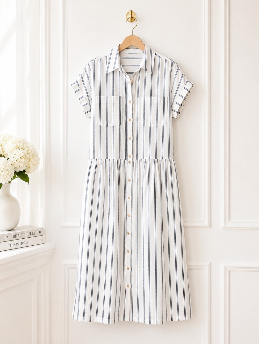 Universal Thread | Blue Pinstripe Linen Blend Drop Waist Midi Dress | Size Small - Picture 5 of 8